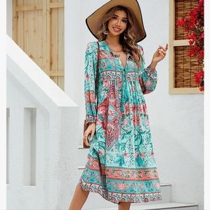 Floral Bohemian Midi Dress - Teal and Red